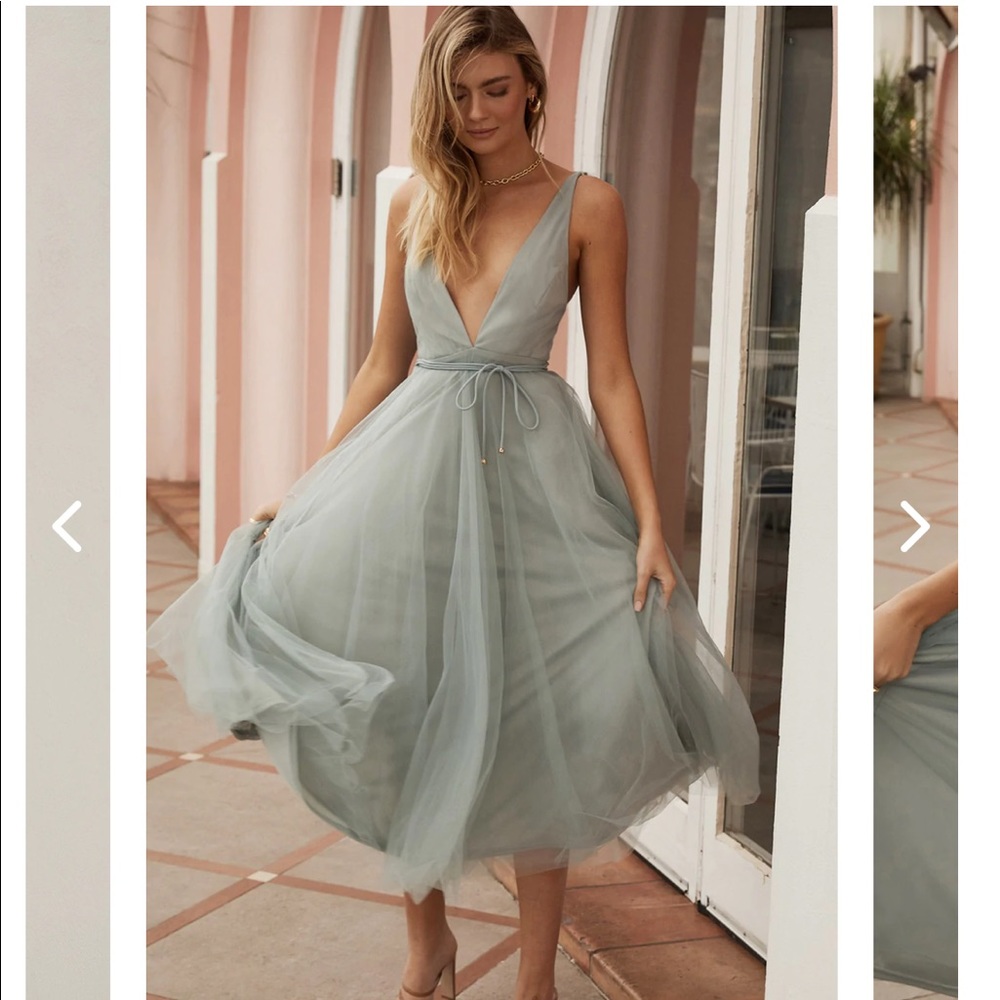 FLOATING BY PLUNGING NECKLINE MESH OVERLAY MIDI DRESS SAGE